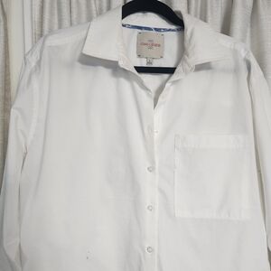White Button Down Shirt with Navy Trim and Long Sleeves